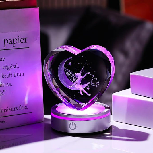 Qianwei Fairy Decor for Women 3D Crystal Heart - Laser Moon Gifts Glass Animals Fairy Lamp Figurines Statue Stuff for Room Decorations Night Light