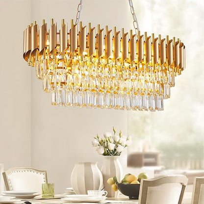 Modern Rectangular Chandelier Gold Crystal Chandeliers for Dining Room, 10-Light Pendant Light Fixture Oval Contemporary Ceiling Hanging Light for Kitchen