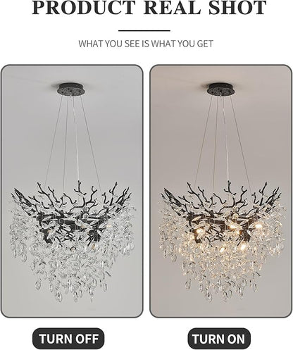 Modern Crystal Chandelier for Dining Room, 23.62" Black Tree Branch Chandeliers, 8-Light Luxury K9 Crystal Round Chandeliers for Kitchen Island Living Room