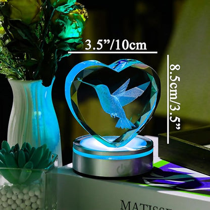 Qianwei Hummingbird Gifts for Women 3D Crystal Heart - Laser Hummingbird Decor Glass Animals Hummingbird Gifts Figurines Statue Stuff for Room Decorations Hummingbird Night Light