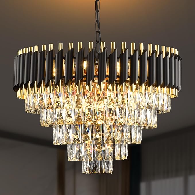 Gold Modern Crystal Chandelier 5-Tier Round Living Room Chandelier Light Fixture Black Large Crystal Chandeliers Pendant Ceiling Light Fixture for Dining Room Bedroom Entryway Staircase Foyer W24in