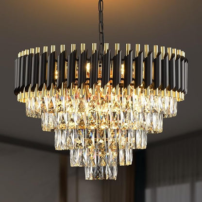 Gold Modern Crystal Chandelier 5-Tier Round Living Room Chandelier Light Fixture Black Large Crystal Chandeliers Pendant Ceiling Light Fixture for Dining Room Bedroom Entryway Staircase Foyer W24in