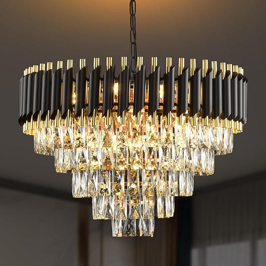 Gold Modern Crystal Chandelier 5-Tier Round Living Room Chandelier Light Fixture Black Large Crystal Chandeliers Pendant Ceiling Light Fixture for Dining Room Bedroom Entryway Staircase Foyer W24in