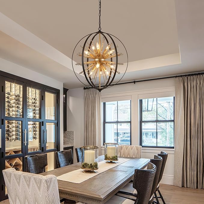 MEIXISUE Modern Sputnik Chandelier,Black Gold Globe Crystal Firework Pendant Light Fixture Industrial 12-Light for Entryway Foyer Kitchen Dining Living Room UL Listed