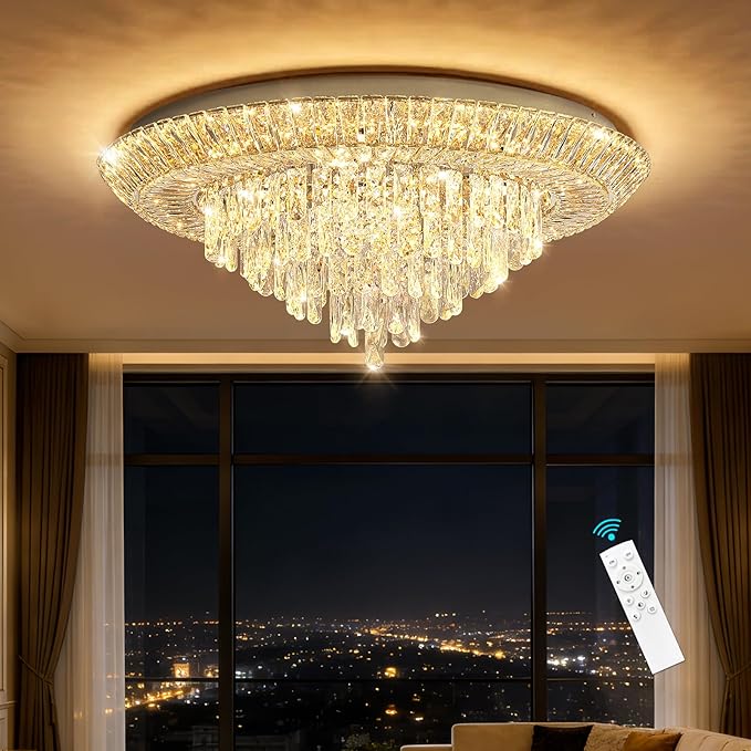 Modern Silver Crystal Chandelier LED Ceiling Light Fixture Raindrop Chandeliers Dimmable Lighting for Living Room Dining Room Entryway Bedroom