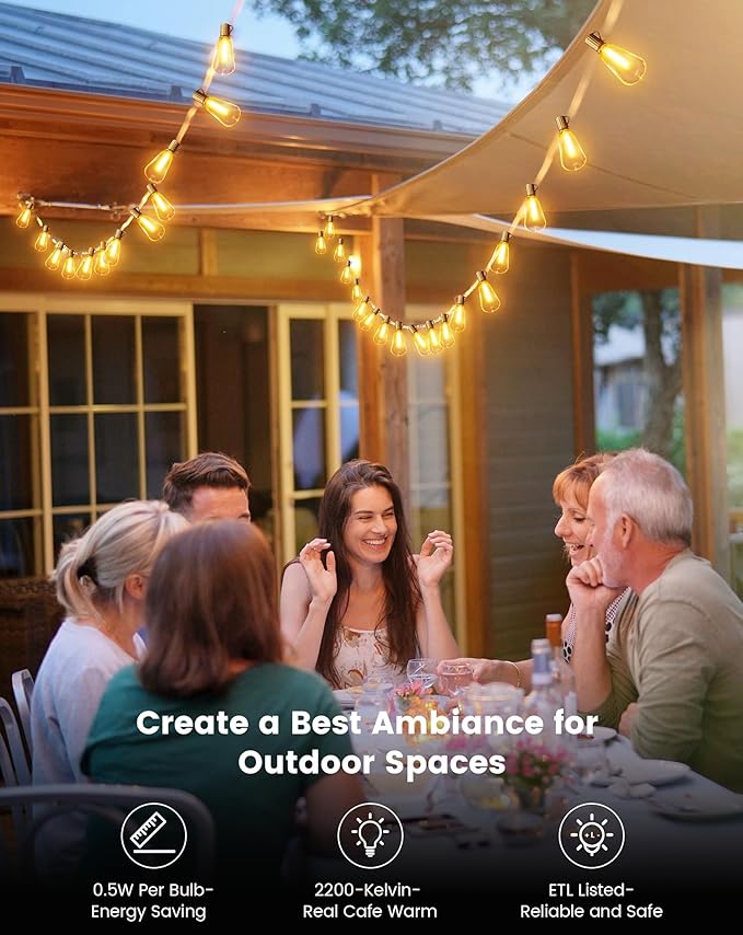 OHLUX Outdoor String Lights 100FT, Dimmable Patio Lights with 62 Shatterproof LED ST38 Vintage Edison Bulbs, 2200K Warm Connectable Hanging Lights for Outside Deck Porch Bistro Gazebos Balcony Garden
