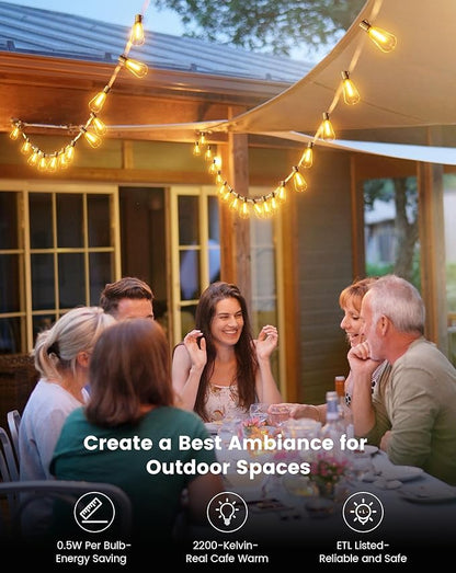 OHLUX Outdoor String Lights 100FT, Dimmable Patio Lights with 62 Shatterproof LED ST38 Vintage Edison Bulbs, 2200K Warm Connectable Hanging Lights for Outside Deck Porch Bistro Gazebos Balcony Garden