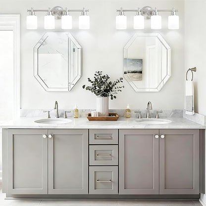 4-Light Bathroom Vanity Light, Brushed Nickel Vanity Light Fixture with White Frosted Glass Shades, Modern Anti-Rust Wall Sconce Over Mirror, Bathroom, Hallway (Bulbs Not Included, E26 Base)