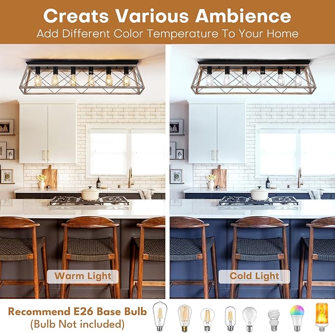 38" Large Rectangular Flush Mount Ceiling Light Fixture, 6-Light Vintage Industrial Farmhouse Cage Chandelier for Dining Room Kitchen Island Living Room Hallway, Oak White Close to Ceiling Lighting