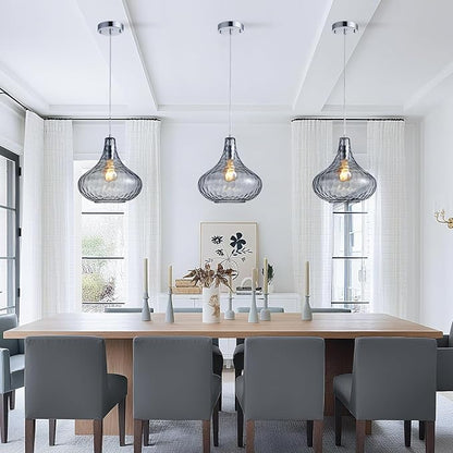 Hammered Glass Pendant Light - 11" Vintage Industrial Farmhouse Fixture for Kitchen Island, Dining Room & Entryway, Smoke Gray Ceiling Hanging Light with Chrome Finish,Easy Install Modern Chandelier