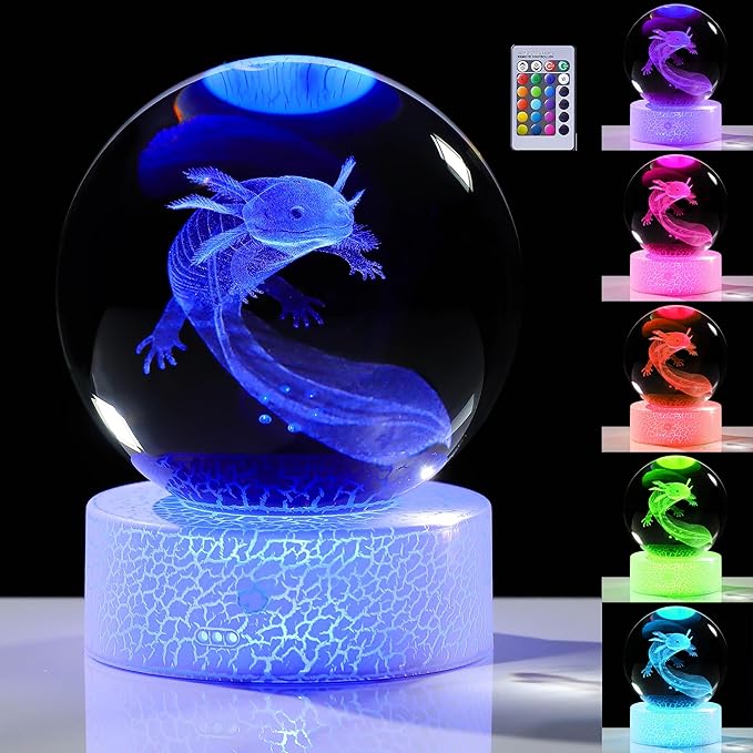 3D Axolotl Gifts for Women Crystals Ball - Axolotl Figurines Decor Glass Animals Figurine Axolotl Stuff for Room Birthday for Best Friend Lovers Keepsake Paperweight