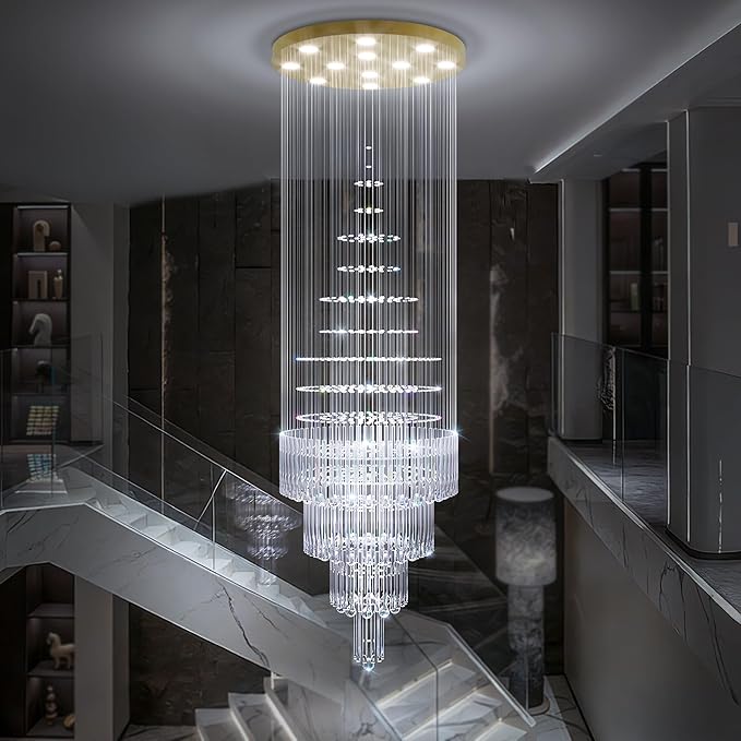 Flashing God D32''X H110'' Large Crystal Chandeliers for High Ceiling Modern Gold Raindrop Chandelier Stairway Chandelier Crystal Flush Mount Ceiling Light for Living Room Staircaes Foyer