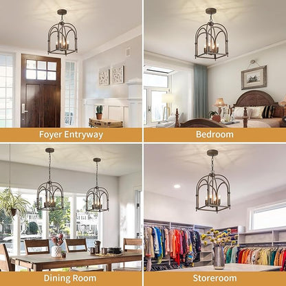 4-Light Chandeliers, Farmhouse Chandelier for Dining Room Light Fixtures, Lantern Metal Kitchen Pendant Light Fixtures, Rustic Cage Chandelier for Bedroom Living Room Kitchen Island Hallway