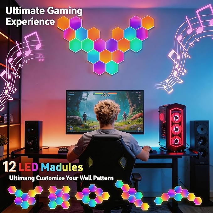 TISOFU 12 Pack Hexagon Lights LED Wall Panels, RGB Gaming Light with APP/Music Sync & Remote, DIY Smart Modular Hexagonal Honeycomb Glide Hex Tiles Panel for Bedroom Party Decor Gifts