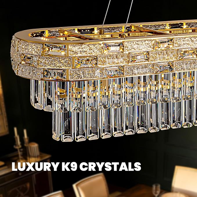 SNZ 35.4" L Modern Crystal Chandelier, Gold Large Chandeliers for Dining Room, K9 Luxury Chandelier, Pendant Light Fixture, LED Chandelier for Living Room Kitchen Island Entryway