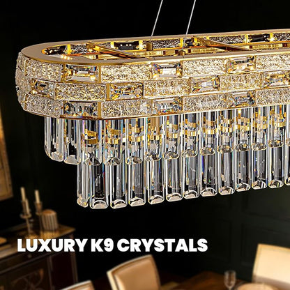 SNZ 35.4" L Modern Crystal Chandelier, Gold Large Chandeliers for Dining Room, K9 Luxury Chandelier, Pendant Light Fixture, LED Chandelier for Living Room Kitchen Island Entryway