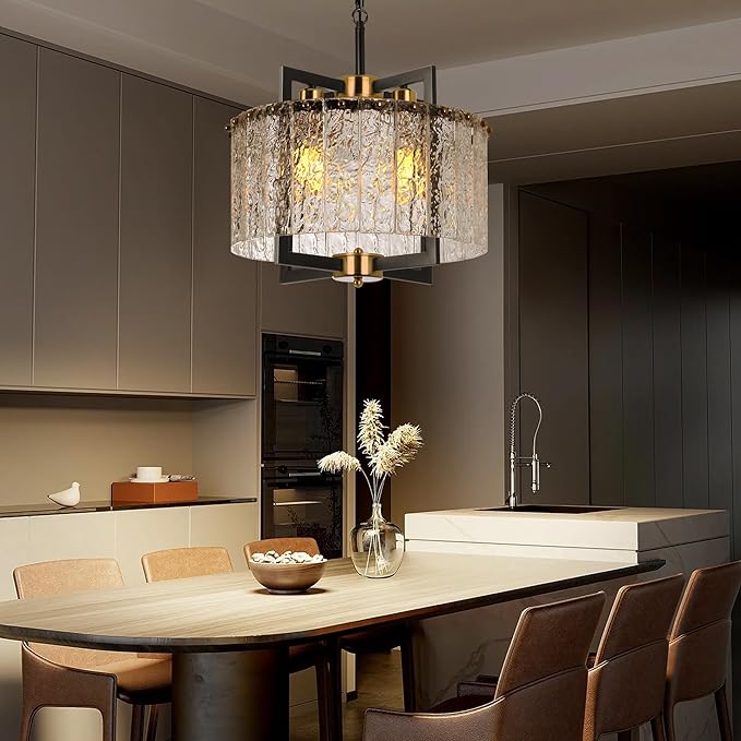 Black & Gold Chandelier Crystal Farmhouse Pendant Light, Semi Flush Mount Ceiling Chandelier Light Fixtures,16" Water Ripple Glass Shade,for Dining Room Kitchen Foyer Entryway