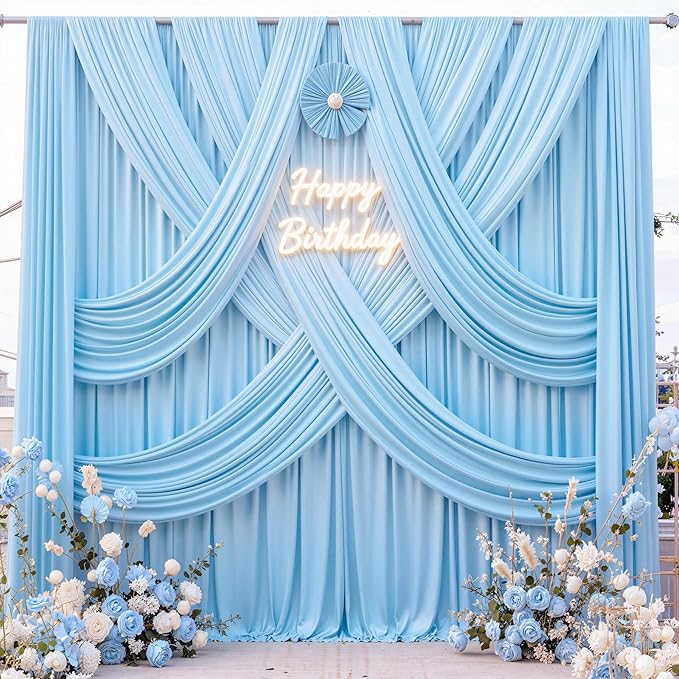 10 ft x 10 ft Wrinkle Free Baby Blue Backdrop Curtains for Baby Shower Parties, Polyester Light Blue Photo Backdrop Drapes for Birthday Wedding Party Gender Reveal Photography