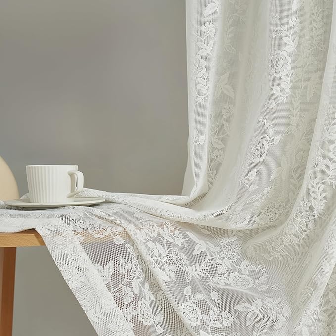 FINECITY Lace Curtains 45 Inch Length for Kitchen Window, Rustic Leaf Floral Design Lace Kitchen Curtains 2 Panels, Rod Pocket Farmhouse Privacy Sheer Lace Curtains, 42 x 45 Inch, 1 Pair, Ivory