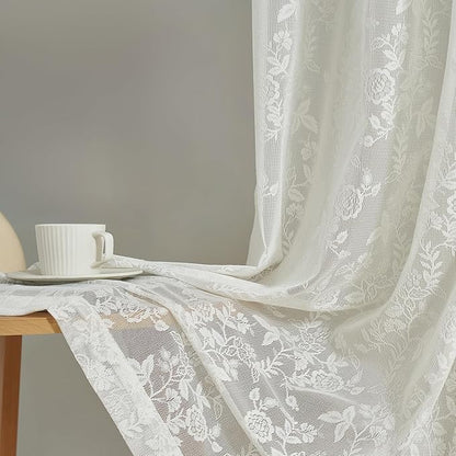 FINECITY Lace Curtains 45 Inch Length for Kitchen Window, Rustic Leaf Floral Design Lace Kitchen Curtains 2 Panels, Rod Pocket Farmhouse Privacy Sheer Lace Curtains, 42 x 45 Inch, 1 Pair, Ivory