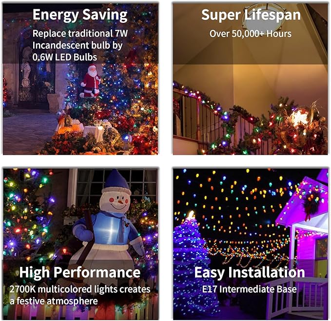 C9 Christmas Lights Outdoor, 25FT Waterproof Multicolor LED String Lights for Roofline Xmas Tree Patio Holiday Party Decor - UL Listed, Commercial Grade, Green Wire