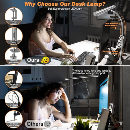 Airlonv LED Desk Lamp for Office Home, Eye-Caring Desk Light with Stepless Dimming Adjustable Flexible Gooseneck, 10W USB Adapter Desk Lamp with Clamp for Reading, Study, Workbench (Grey)