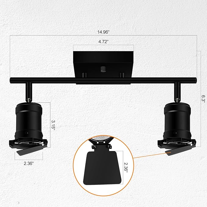 2 Light Track Lighting Fixtures Ceiling, Black Track Lighting with Upgrade Lamp Heads, 2 Way Track Lights Ceiling, Vintage Industrial Track Light for Kitchen/Bar/Boy's Room,GU10 Bulb Not Included