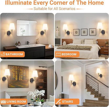 Peel and Stick Wall Sconces, Stick On Wall Sconce Set of 2, Battery Operated Wireless Adhesive Wall Lights, Corn Bulb with 10000mAh Battery, Easy Install for Bedroom Living Room Wall Decor
