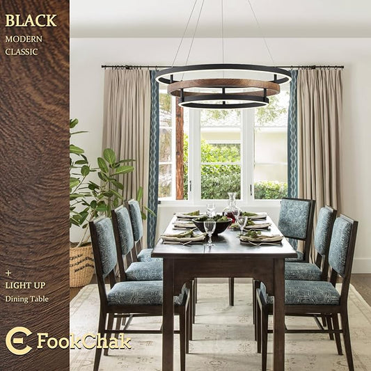 Modern LED Chandelier Black Wood Dimmable 3-Ring Foyer Entry Chandeliers Light 24in Dining Room Chandelier Light Fixture for Kitchen Home Office Living Room