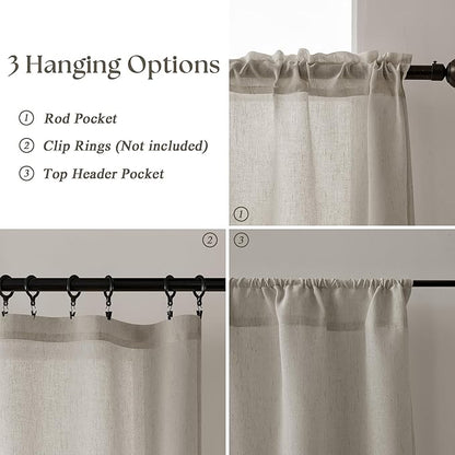 Linen Kitchen Curtains 24 Inch Length Farmhouse Cafe Curtains Light Filtering Semi Sheer Half Drapes for Bathroom Basement RV Small Windows Rod Pocket 2 Panels Burlywood Birch