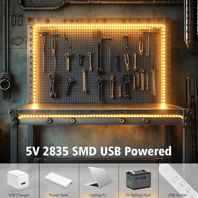 echosari Strip Lights USB 5V, 9.8Ft 180 LED Strip Lights Cuttable Each 2835 SMD, Super Bright with Self-Adhesive DIY for Photo Frames Desks Monitor Shelves Decor (Warm Whtie)