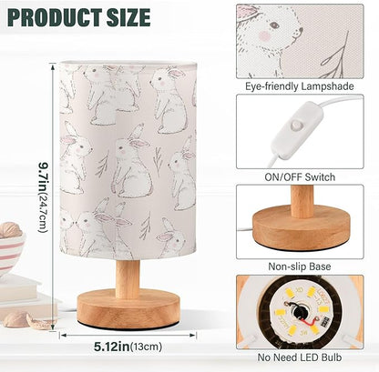 Table Lamp White Bunny Rabbits Pattern Nightstand Lamp with Wood Base Fabric Lamp Shade Bedside Desk Lamp for Living Room Bedroom Kids Room Office