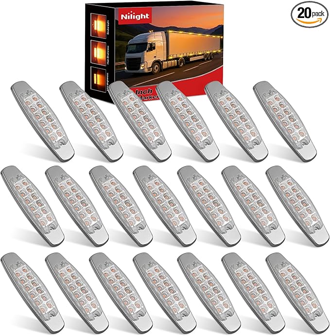 Nilight 20 Pack 6.3 Inch Rectangle Amber Side Marker Lights White Lens 12 LED 3 Functions (High/Low/Strobe) IP67 Waterproof Stainless Steel Chrome Bezel 12V Surface Mount for Truck Trailer RV Boat