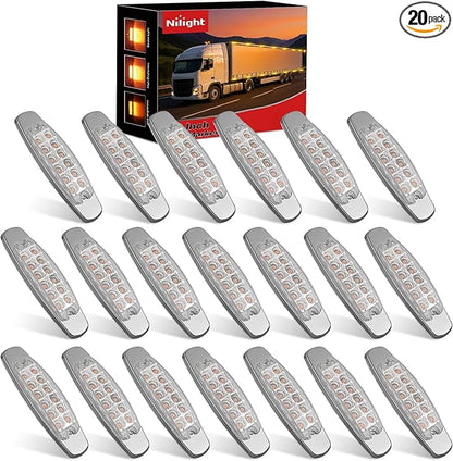 Nilight 20 Pack 6.3 Inch Rectangle Amber Side Marker Lights White Lens 12 LED 3 Functions (High/Low/Strobe) IP67 Waterproof Stainless Steel Chrome Bezel 12V Surface Mount for Truck Trailer RV Boat