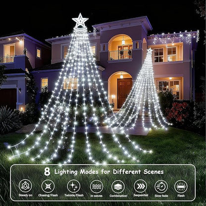 Star String Lights, 350 LED Tree Waterfall Fairy Lights, Outdoor Waterproof Christmas Decoration Lights with Remote, 16FT X 9 Hanging LED Lamp for Garden Yard Wedding Birthday Festival, Cool White