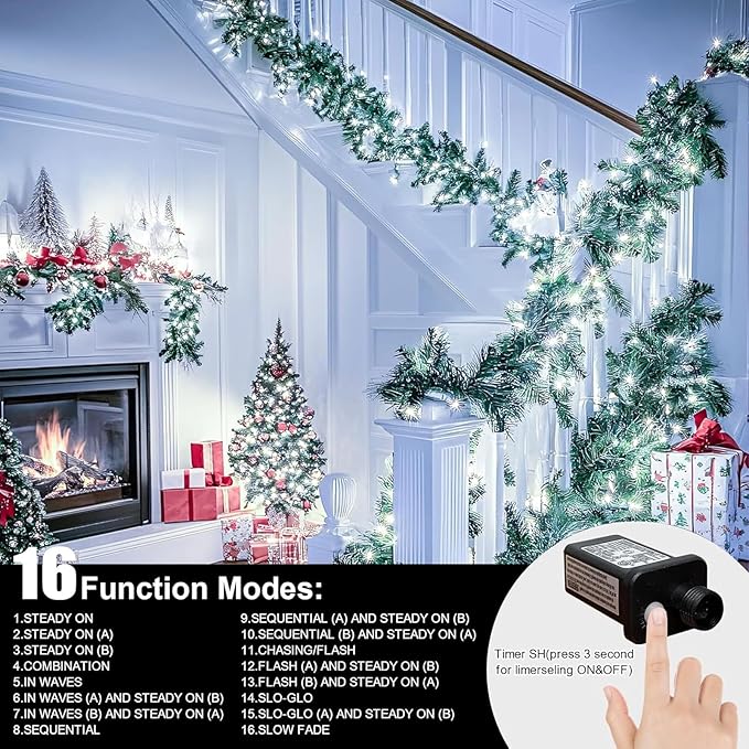 LAMPHOME 33ft Christmas Decorative Mini Lights, 100 LED Green Wire Fairy Starry String Lights Plug in, 16 Lighting Modes, for Indoor Outdoor Xmas Tree Wedding Party Decoration (White)
