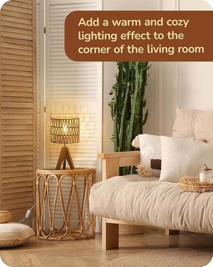 EDISHINE Small Table Lamp, Rattan Wood Tripod Bedside Lamp, Boho Nightstand Lamp for Living Room, End Table, Office, E26 Base, Natural Style