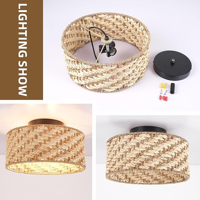 12.6-inch semi-Flush Mount Ceiling Light Fixture - 3-Light Pure Hand-Woven lamp for Dining Room