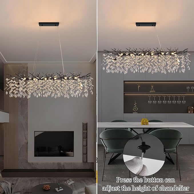 Modern Rectangle Crystal Tree Branch Chandelier, L47.3'' Luxury Black Linear Art Deco Raindrop Pendant Lighting Fixture for Kitchen Island Foyer Living Room Dining Room 14 Lights