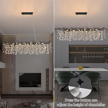 Modern Rectangle Crystal Tree Branch Chandelier, L47.3'' Luxury Black Linear Art Deco Raindrop Pendant Lighting Fixture for Kitchen Island Foyer Living Room Dining Room 14 Lights