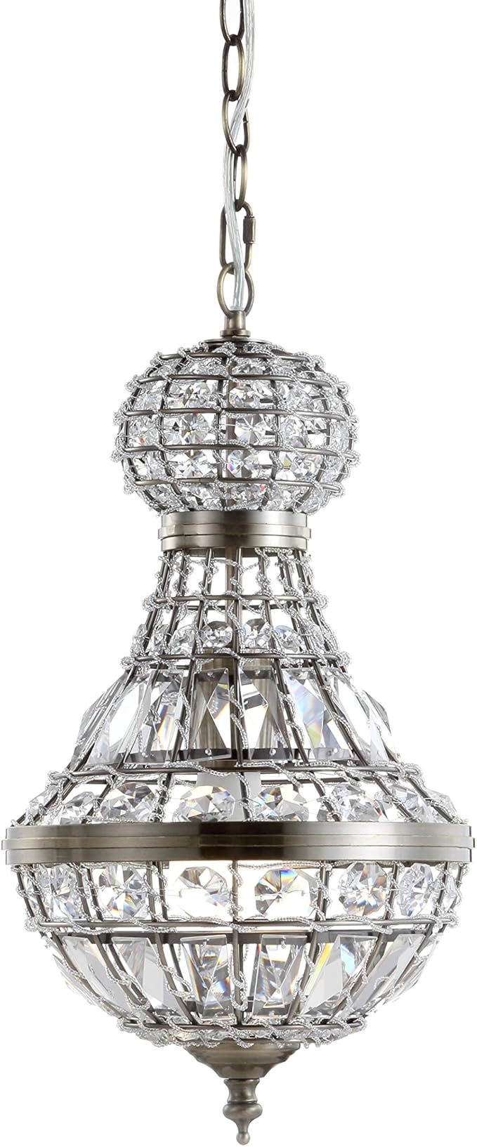 JONATHAN Y 12" Antique Brass/Clear Regina Empire LED Pendant Light, Glam Adjustable Hanging Chandelier for Dining Room Kitchen Foyer, Clear Crystal Shade, LED Bulb Included (JYL6109A)