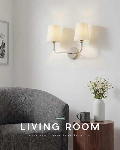 2-Light Bathroom Light Fixtures, Brushed Nickel Vanity Lights, Double Wall Sconce with Beige Fabric Shade, Modern Sconces Wall Lighting for Hallway Bedroom Stairway, VL837-BN-B-2