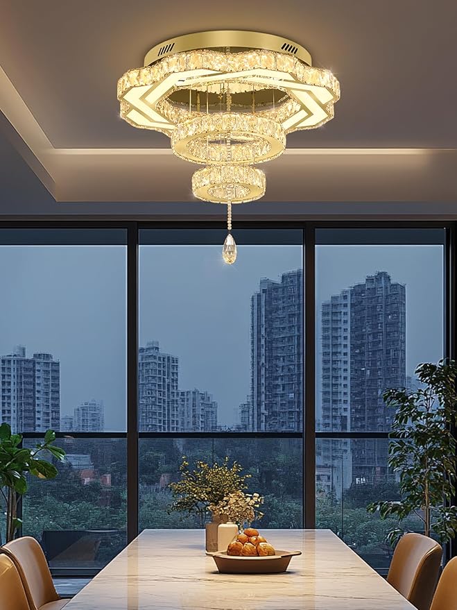 Flashing God Modern Crystal Chandeliers Dia 24" Gold Ceiling Chandelier Flush Mount Crystal Ceiling Light for Bedroom Living Room Dining Room Hallway LED Dimmable