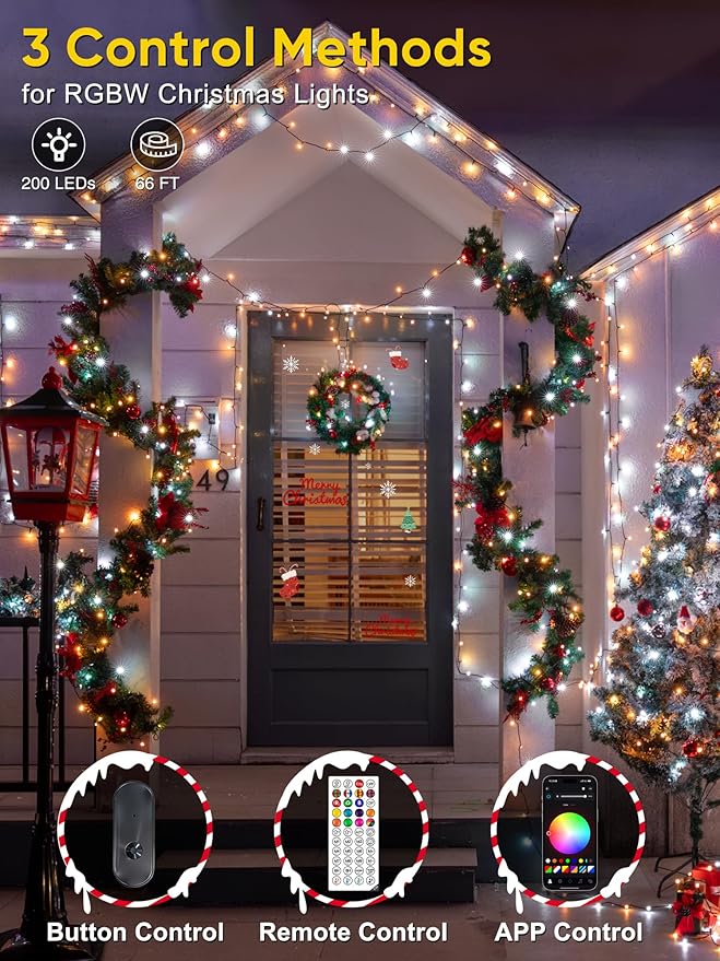 Guhope Smart Color Changing Christmas Lights, 66FT 200 LED RGB Christmas String Lights with App & Remote Control, Waterproof Christmas Tree Lights for Outdoor Indoor Party Decor