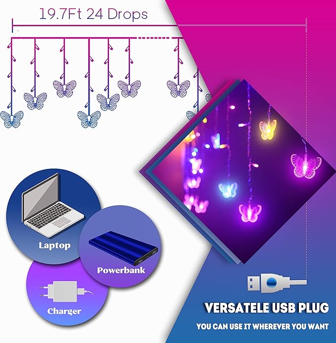 Butterfly Fairy Lights for Bedroom Curtain Ceiling Wall Decor USB Plug-in 120 Led 19.7FT Twinkle String Light with Remote, for Toddler Teen Girls and Christmas Decorations