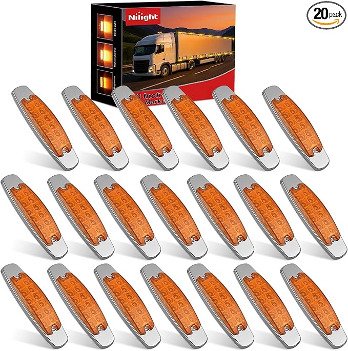 Nilight 20 Pack 6.3 Inch Rectangle Amber Side Marker Lights 12 LED 3 Functions (High/Low/Strobe) IP67 Waterproof Stainless Steel Chrome Bezel 12V Surface Mount for Truck Trailer RV SUV Boat