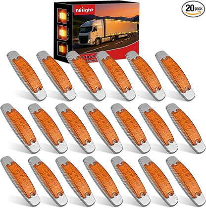 Nilight 20 Pack 6.3 Inch Rectangle Amber Side Marker Lights 12 LED 3 Functions (High/Low/Strobe) IP67 Waterproof Stainless Steel Chrome Bezel 12V Surface Mount for Truck Trailer RV SUV Boat