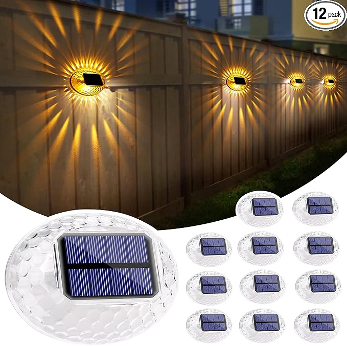 LYHOPE Solar Fence Lights Outdoor, IP65 Waterproof Solar Light for Outside, 12 Pack Deck Light for Backyard, Railing, Patio, Deck Fence, Stair Railings and Wall (Warm Yellow)