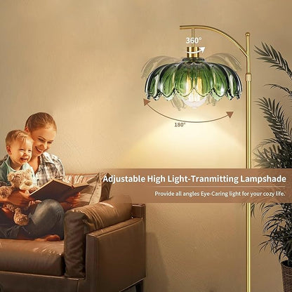 AHDWDW Floor Lamp for Living Room Bedroom,Gold Dimmable Standing Lamp with Remote,Mid Century Modern Brass Tall Lamp Vintage Green Glass Lamp Floor Light,Arc Unique Floor Lamps for Office Corner