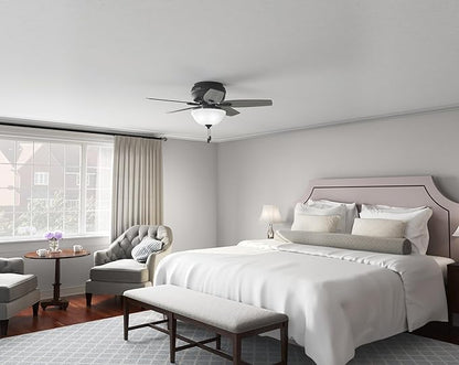 Hunter 42 inch Indoor Ceiling Fan with LED Light - Black Ceiling Fan with Pull Chain, For Bedroom or Living Room, Low Profile Flush Mount, No Remote, 5 Blades - Newsome 52394, Matte Black